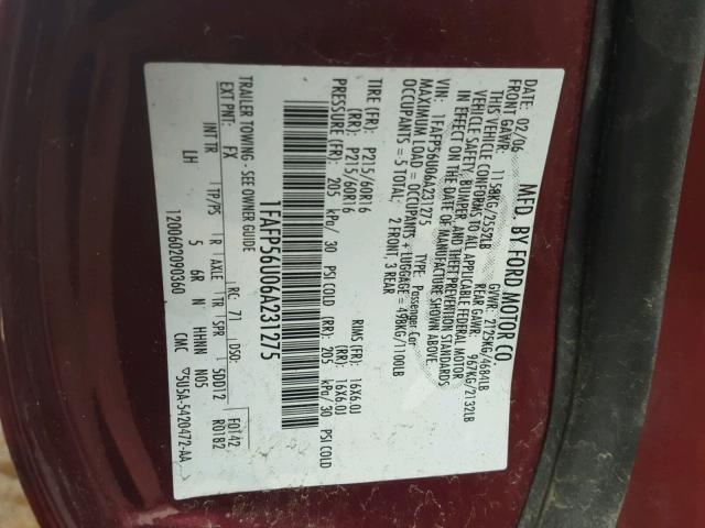 1FAFP56U06A231275 - 2006 FORD TAURUS SEL RED photo 10