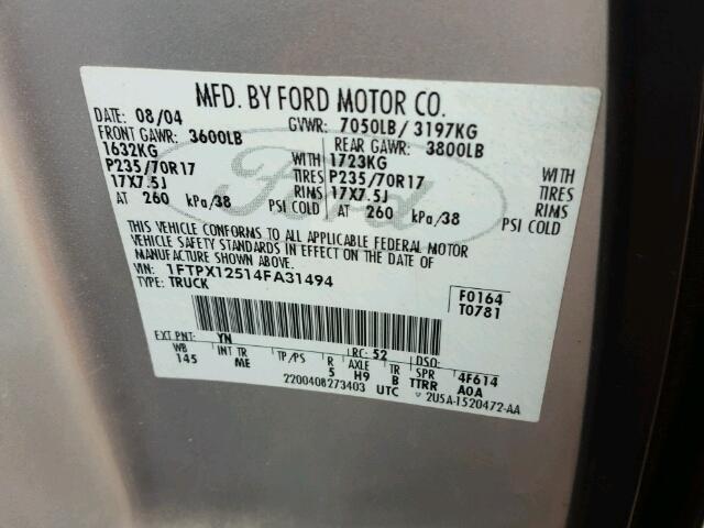 1FTPX12514FA31494 - 2004 FORD F150 SILVER photo 10