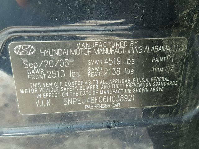 5NPEU46F06H038921 - 2006 HYUNDAI SONATA GLS BLUE photo 10