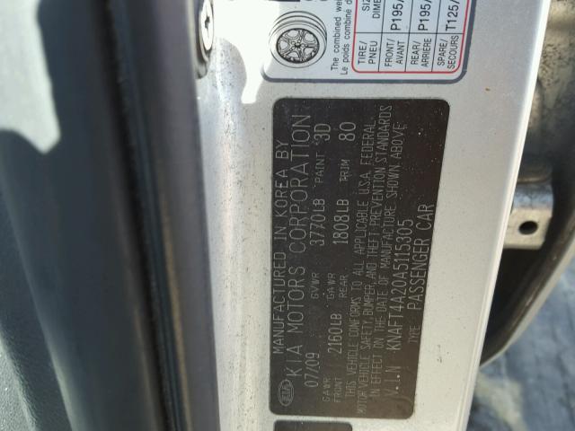 KNAFT4A20A5115305 - 2010 KIA FORTE LX SILVER photo 10