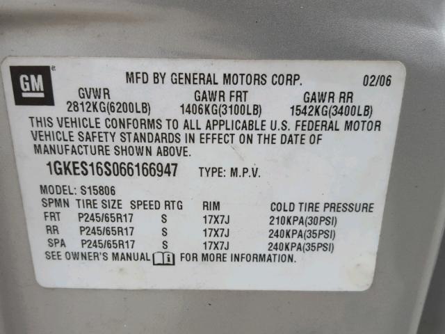 1GKES16S066166947 - 2006 GMC ENVOY XL GRAY photo 10