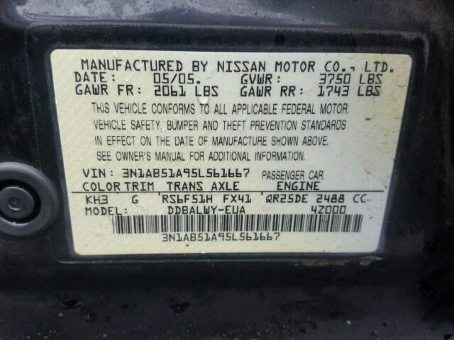 3N1AB51A95L561667 - 2005 NISSAN SENTRA SE- BLACK photo 10