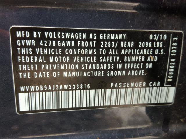 WVWDB9AJ3AW333816 - 2010 VOLKSWAGEN GOLF GRAY photo 10