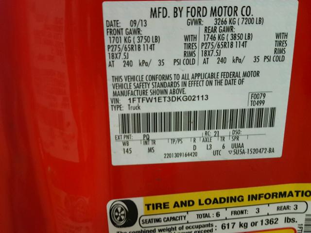 1FTFW1ET3DKG02113 - 2013 FORD F150 SUPER RED photo 10