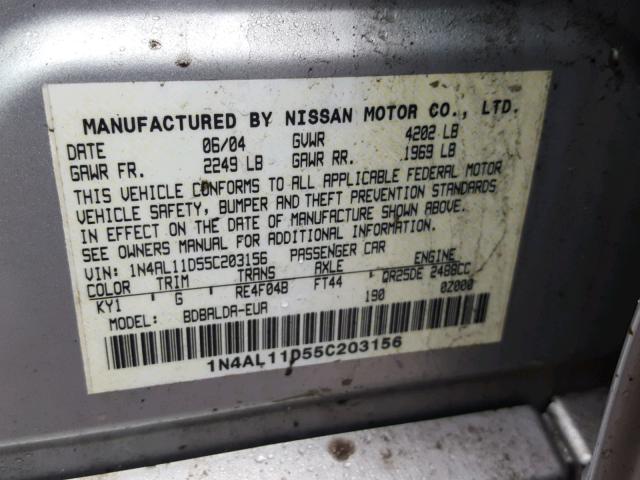 1N4AL11D55C203156 - 2005 NISSAN ALTIMA S GRAY photo 10