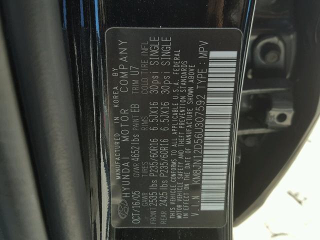 KM8JN12D56U307592 - 2006 HYUNDAI TUCSON GLS BLACK photo 10