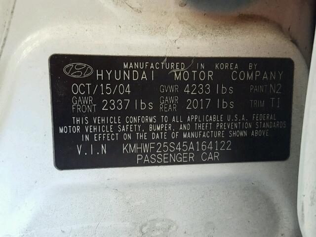 KMHWF25S45A164122 - 2005 HYUNDAI SONATA GL WHITE photo 10