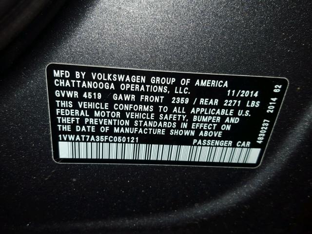 1VWAT7A35FC050121 - 2015 VOLKSWAGEN PASSAT S GRAY photo 10