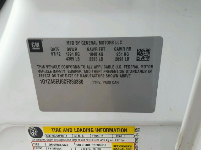 1G1ZA5EU6CF389380 - 2012 CHEVROLET MALIBU LS 白色 照片 10