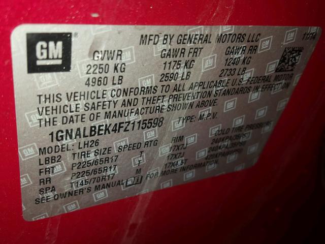 1GNALBEK4FZ115598 - 2015 CHEVROLET EQUINOX LT RED photo 10