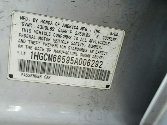 1HGCM66595A006292 - 2005 HONDA ACCORD EX SILVER photo 10