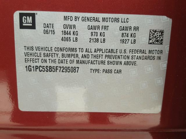 1G1PC5SB5F7295087 - 2015 CHEVROLET CRUZE LT RED photo 10