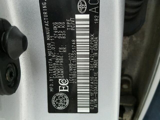 2T1BU4EE1BC551748 - 2011 TOYOTA COROLLA BA SILVER photo 10