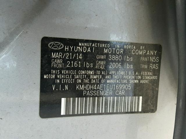 KMHDH4AE1EU169905 - 2014 HYUNDAI ELANTRA SE GRAY photo 10