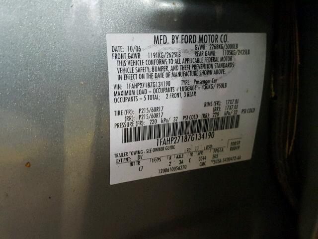 1FAHP27187G134190 - 2007 FORD FIVE HUNDR GRAY photo 10