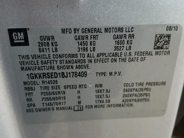 1GKKRSED1BJ178409 - 2011 GMC ACADIA SLT ვერცხლისფერი ფოტო 10