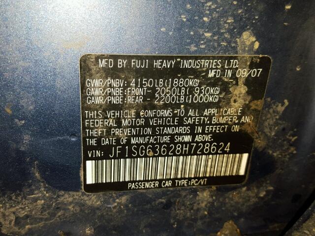 JF1SG63628H728624 - 2008 SUBARU FORESTER 2 BLUE photo 10