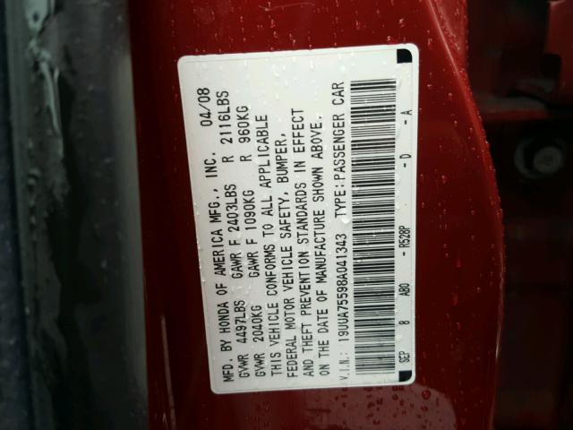 19UUA75598A041343 - 2008 ACURA TL TYPE S MAROON photo 10