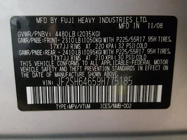 JF2SH64659H775185 - 2009 SUBARU FORESTER 2 SILVER photo 10