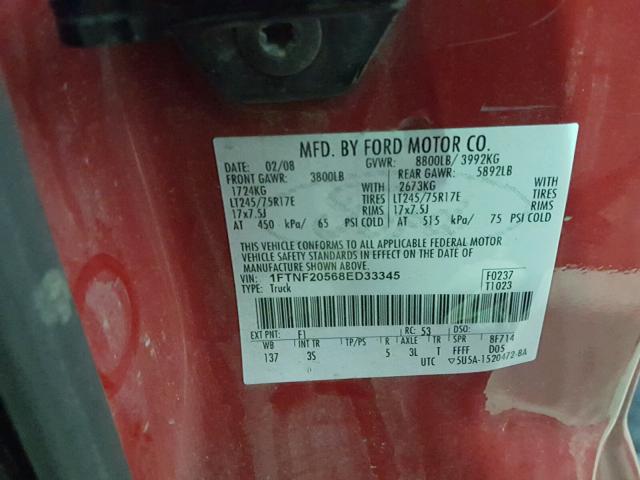 1FTNF20568ED33345 - 2008 FORD F250 SUPER RED photo 10