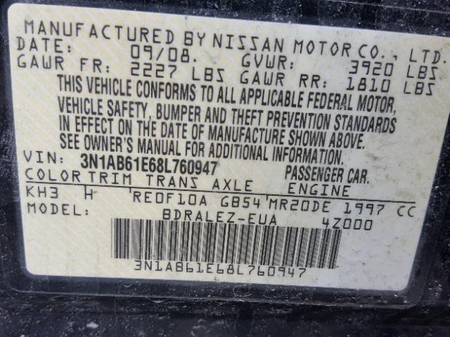 3N1AB61E68L760947 - 2008 NISSAN SENTRA 2.0 BLACK photo 10