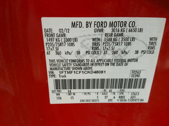 1FTMF1CF1CKD48081 - 2012 FORD F150 RED photo 10