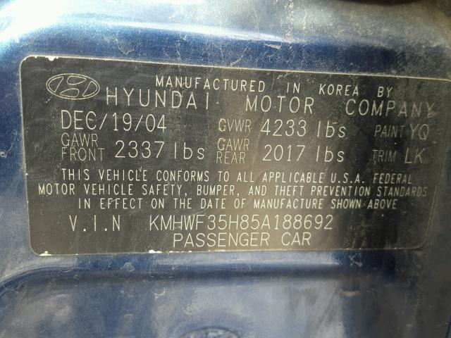 KMHWF35H85A188692 - 2005 HYUNDAI SONATA GLS BLUE photo 10