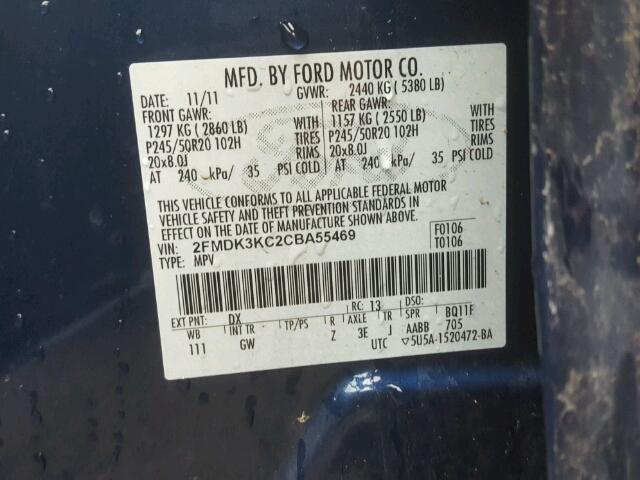 2FMDK3KC2CBA55469 - 2012 FORD EDGE LIMIT BLUE photo 10