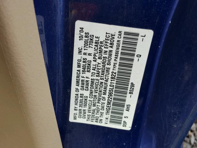 1HGEM22965L011822 - 2005 HONDA CIVIC EX ლურჯი ფოტო 10