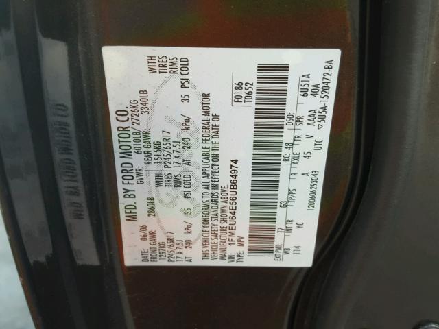 1FMEU64E56UB64974 - 2006 FORD EXPLORER E GRAY photo 10