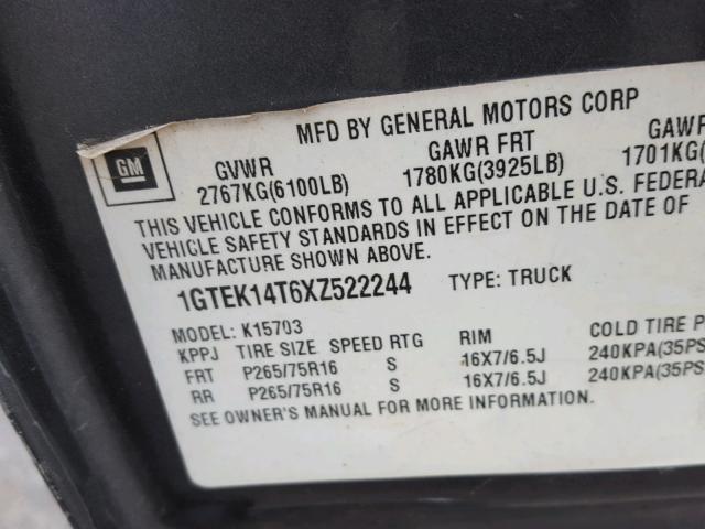 1GTEK14T6XZ522244 - 1999 GMC NEW SIERRA GRAY photo 10