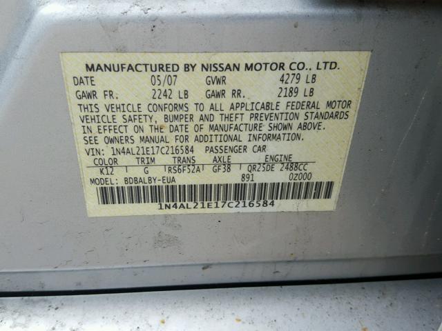 1N4AL21E17C216584 - 2007 NISSAN ALTIMA 2.5 SILVER photo 10