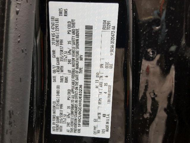 1FMCU9GDXHUE83236 - 2017 FORD ESCAPE SE BLACK photo 10