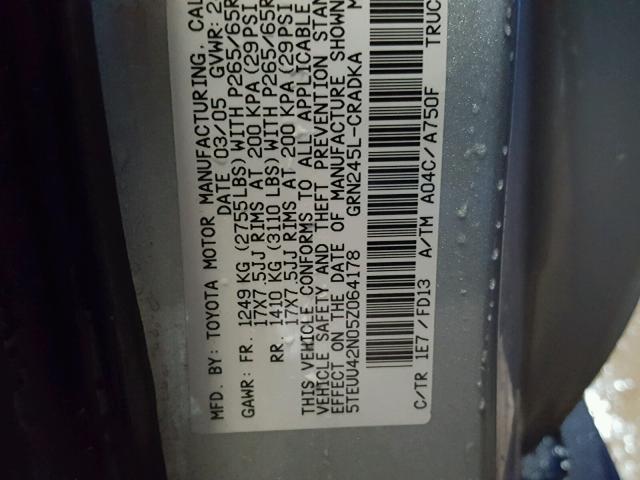 5TEUU42N05Z064178 - 2005 TOYOTA TACOMA ACC SILVER photo 10