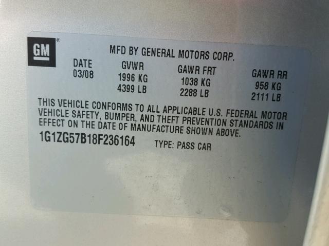 1G1ZG57B18F236164 - 2008 CHEVROLET MALIBU LS 银色 照片 10