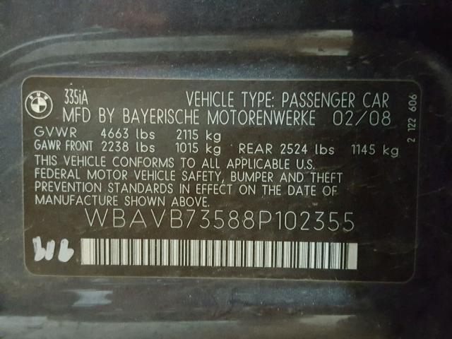 WBAVB73588P102355 - 2008 BMW 335 I GRAY photo 10