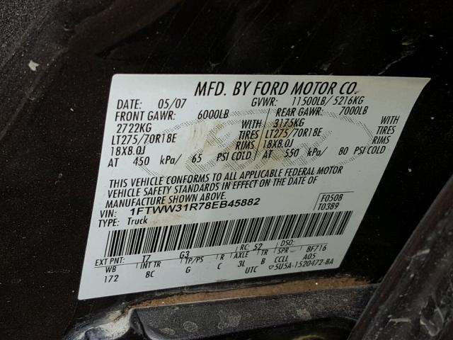 1FTWW31R78EB45882 - 2008 FORD F350 SRW S GRAY photo 10