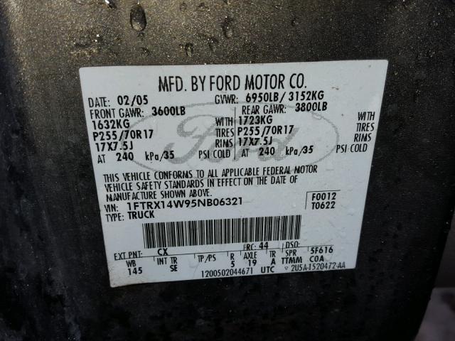 1FTRX14W95NB06321 - 2005 FORD F150 GRAY photo 10