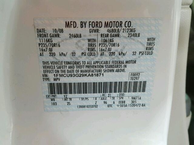 1FMCU93G29KA81871 - 2009 FORD ESCAPE XLT WHITE photo 10