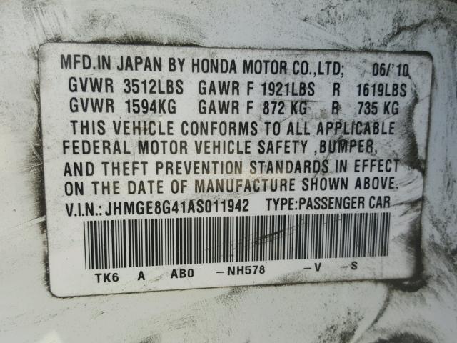 JHMGE8G41AS011942 - 2010 HONDA FIT SPORT WHITE photo 10