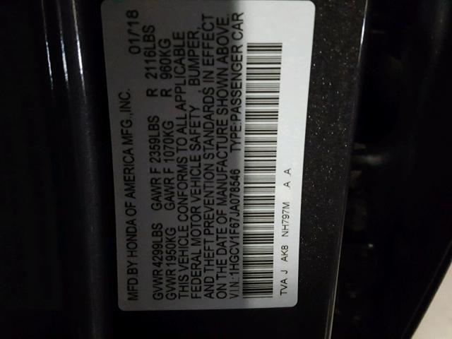 1HGCV1F67JA078546 - 2018 HONDA ACCORD EXL GRAY photo 10