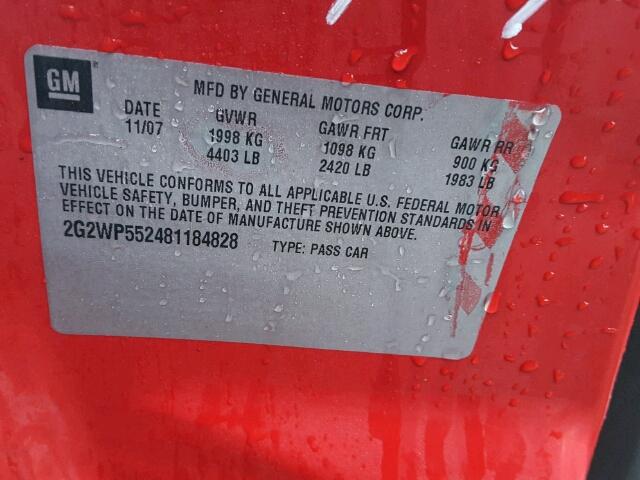 2G2WP552481184828 - 2008 PONTIAC GRAND PRIX RED photo 10