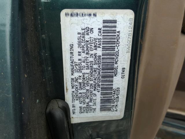 4T1BF22K0WU049598 - 1998 TOYOTA CAMRY CE GREEN photo 10