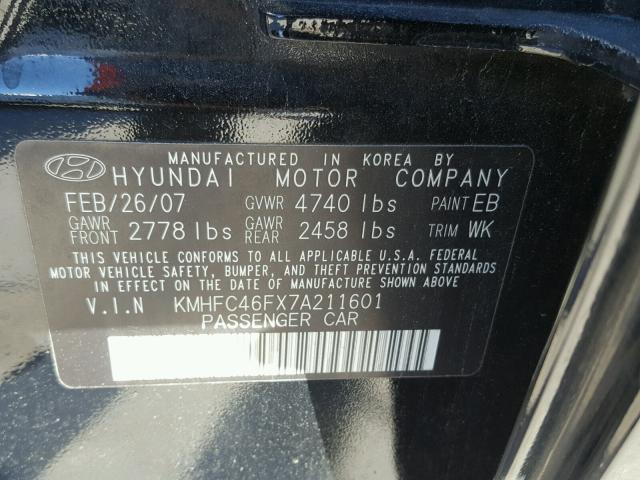 KMHFC46FX7A211601 - 2007 HYUNDAI AZERA SE BLACK photo 10