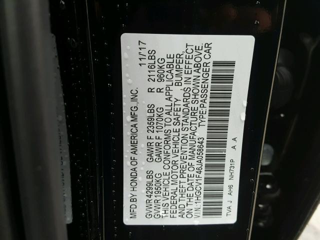 1HGCV1F46JA058643 - 2018 HONDA ACCORD EX BLACK photo 10