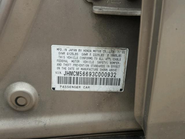 JHMCM56693C000932 - 2003 HONDA ACCORD EX GOLD photo 10