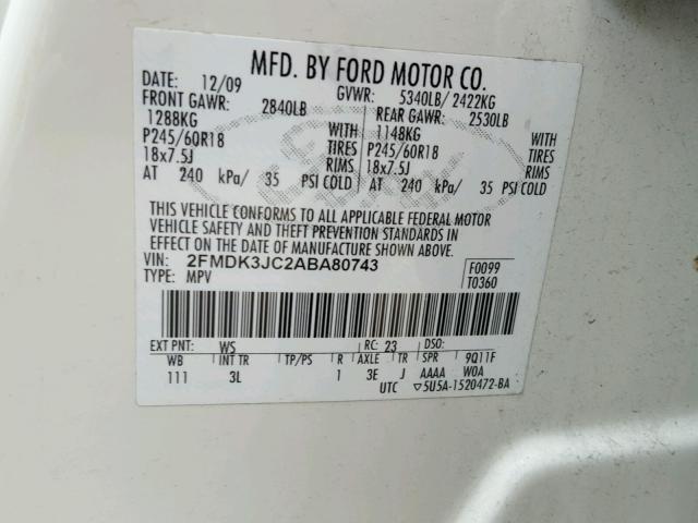 2FMDK3JC2ABA80743 - 2010 FORD EDGE SEL WHITE photo 10