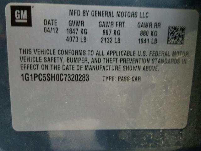 1G1PC5SH0C7320283 - 2012 CHEVROLET CRUZE LS CHARCOAL photo 10