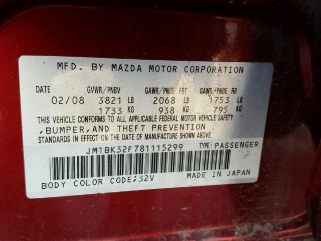 JM1BK32F781115299 - 2008 MAZDA 3 I MAROON photo 10