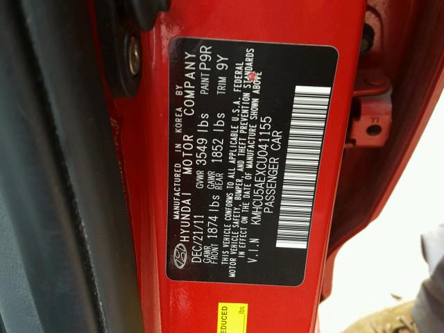 KMHCU5AEXCU041155 - 2012 HYUNDAI ACCENT GLS RED photo 10